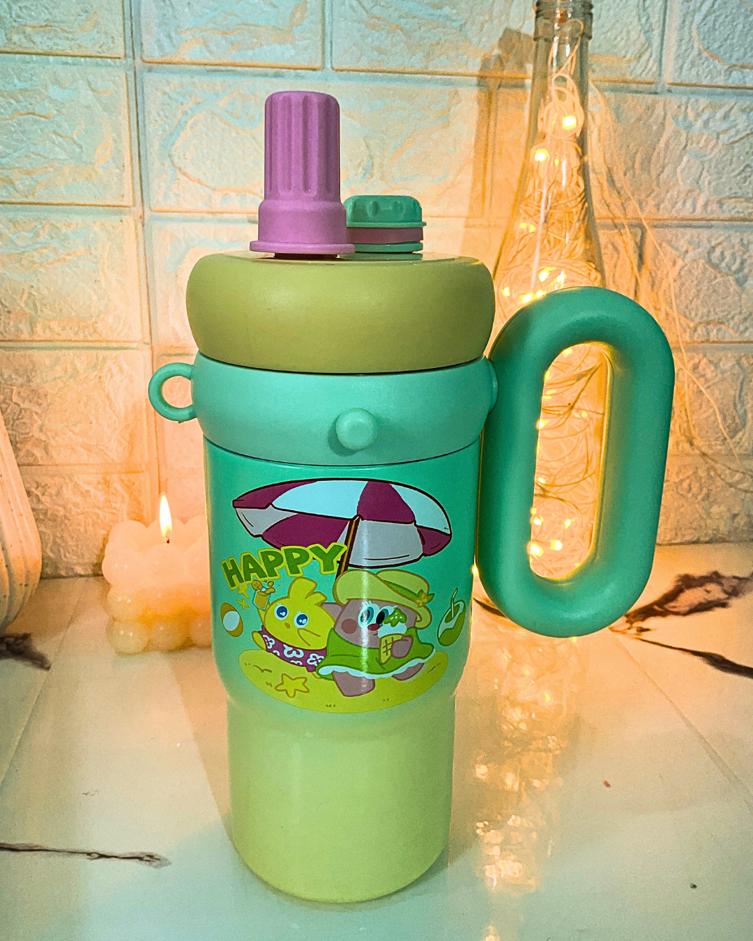 Cute Pastel Steel Tumbler with Handle & Straw – Aesthetic Water Bottle for Girls (Pink Ornaments)