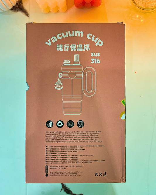 Cute Pastel Steel Tumbler with Handle & Straw – Aesthetic Water Bottle for Girls (Pink Ornaments)