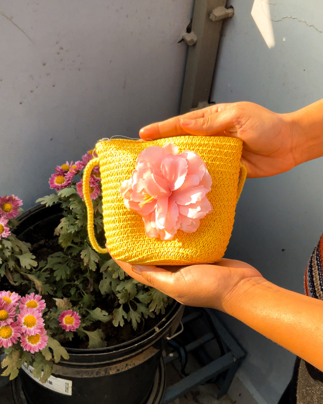 Cute Yellow Jute Sling Bag with Floral Design – Handmade Mini Crossbody Bag for Girls & Women